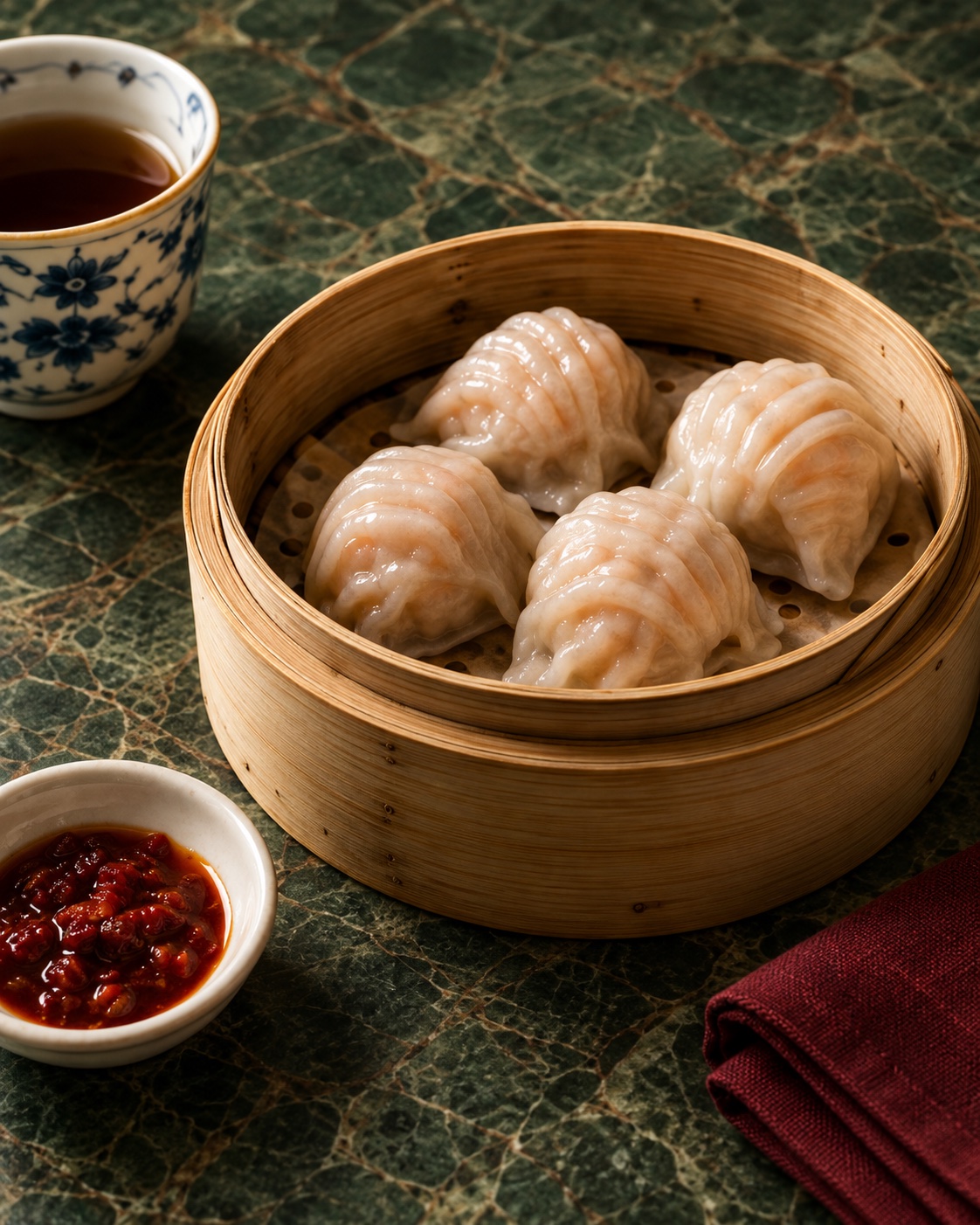 竹籠中的鮮蝦蒸餃